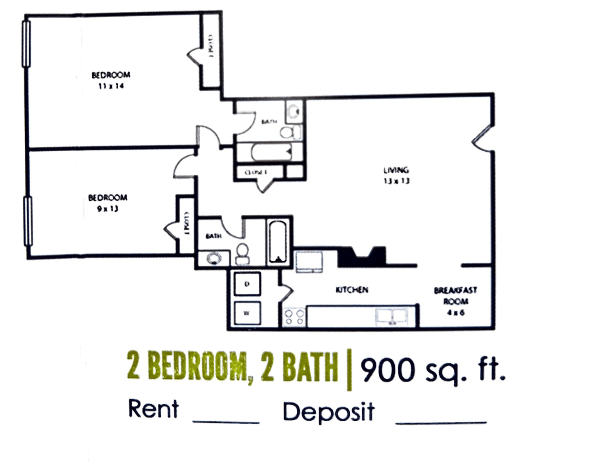 2 bed 2 bath floorplan | 900 sq. ft