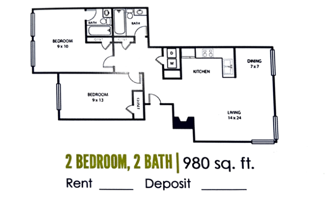 2 bed 2 bath floorplan | 980 sq. ft