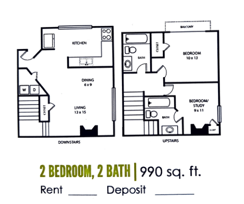 2 bed 2 bath floorplan | 990 sq. ft