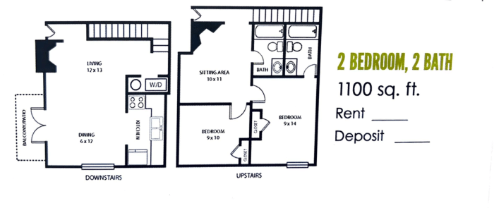 2 bed 2 bath floorplan | 1100 sq. ft