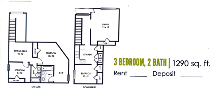 3 bed 2 bath floorplan | 1290 sq. ft