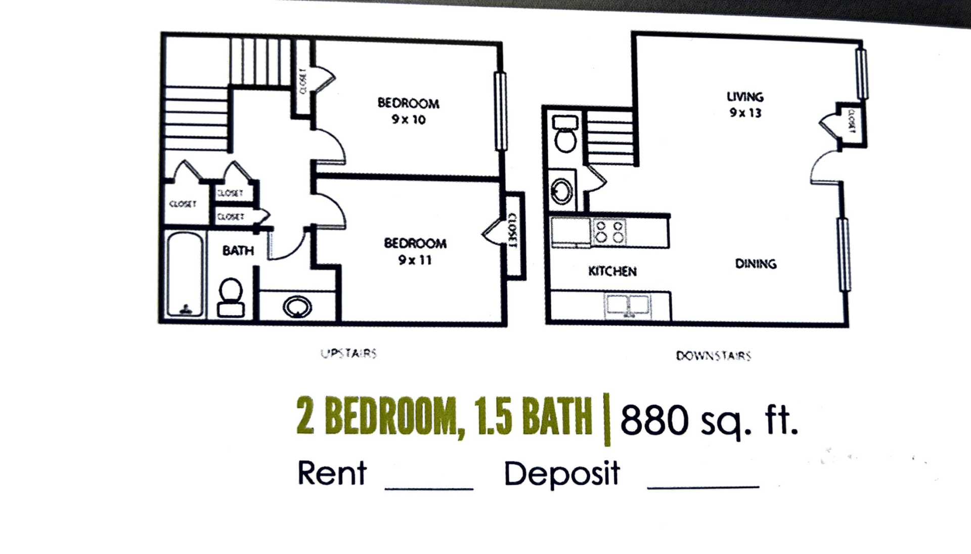 2 bed 1.5 bath floorplan | 880 sq. ft