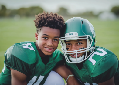 Two football players in green uniforms pose on a field. One wears a helmet; both smile.
