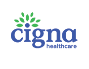 Cigna Healthcare logo: Blue text with green leaves, 