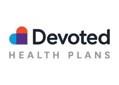 Logo for Devoted Health Plans; multicolored heart icon next to the word