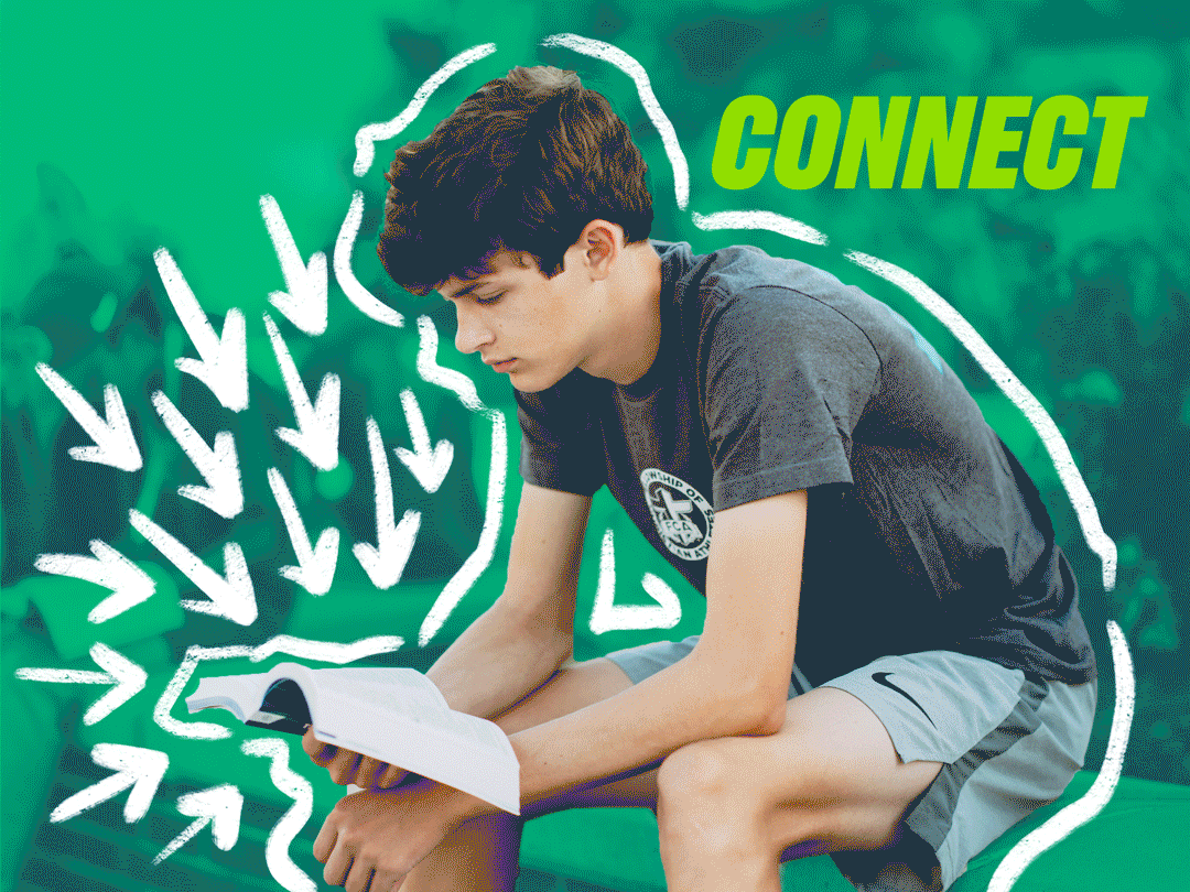 Young person reading with white arrows converging on him; green background, text 