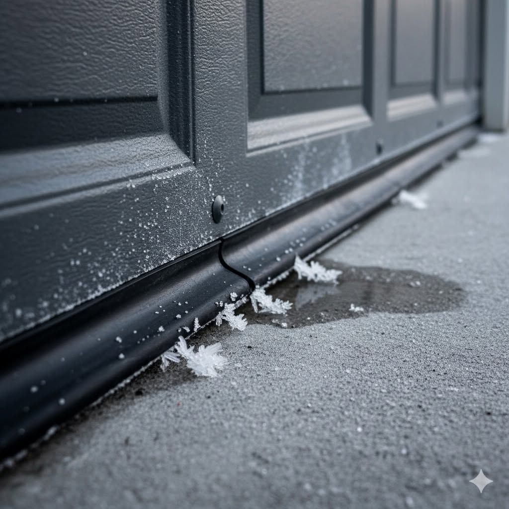 Black garage door track with snow and a small puddle on wet pavement