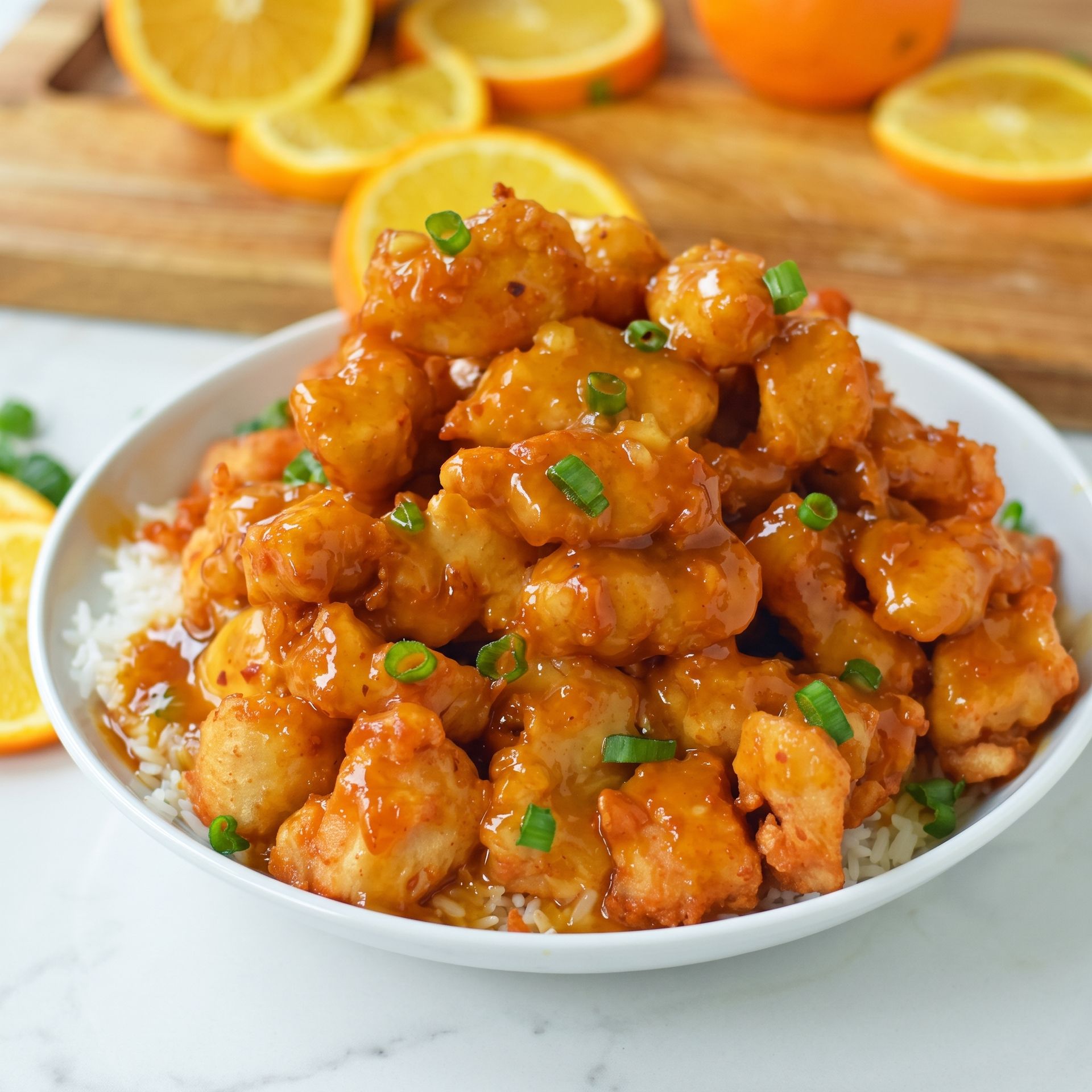 Orange-glazed fried chicken bites in a bowl, garnished with green onions, with orange slices in the background