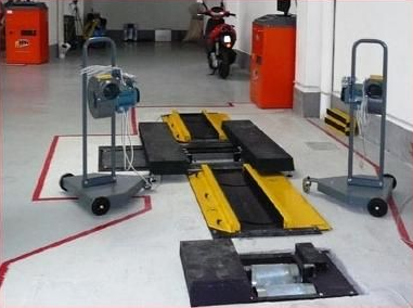 Area di revisione auto con sollevatore idraulico e attrezzatura per prove.