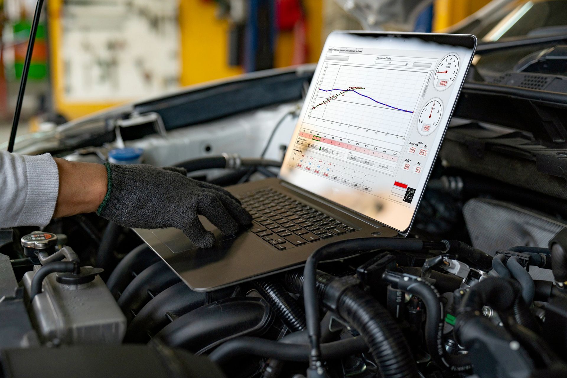 Meccanico che utilizza un computer portatile sul motore di un'auto, visualizzando grafici diagnostici in un'officina.