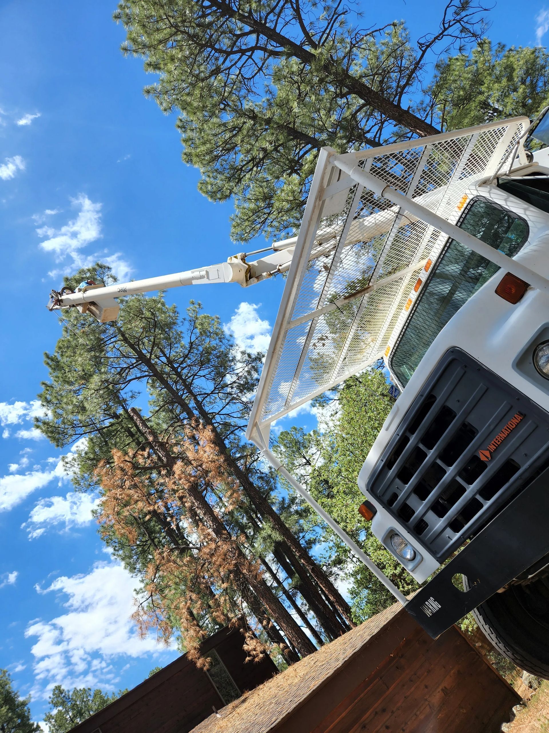 A white truck with a crane on top of it is parked in front of trees.