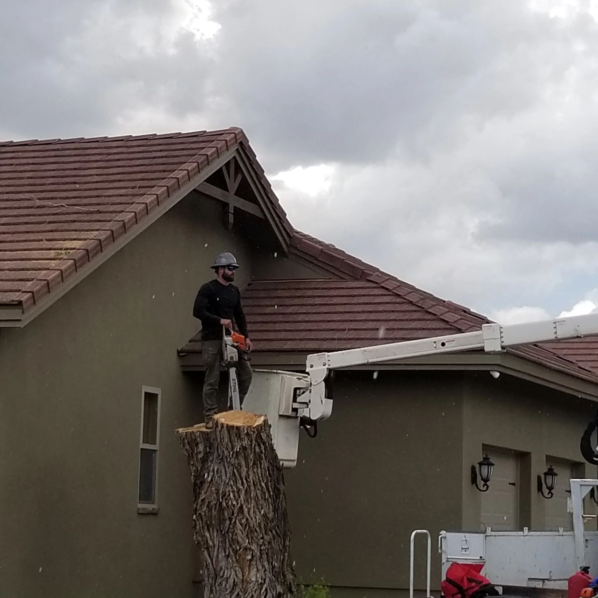A man with a chainsaw is standing on a tree stump in front of a house