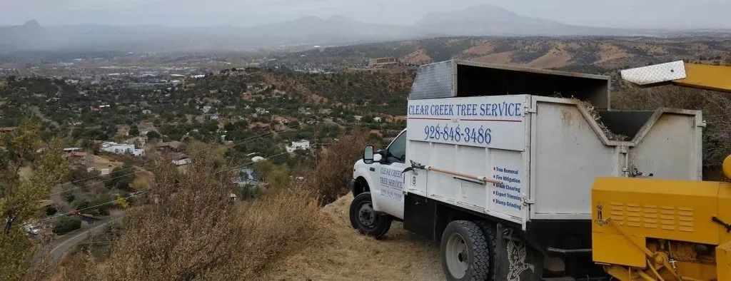 A white truck is parked on top of a hill with a city in the background.