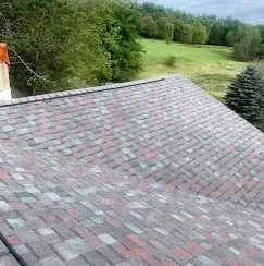 A section of a residential roof covered in variegated, multi-colored asphalt shingles, with a green forest in the distance.