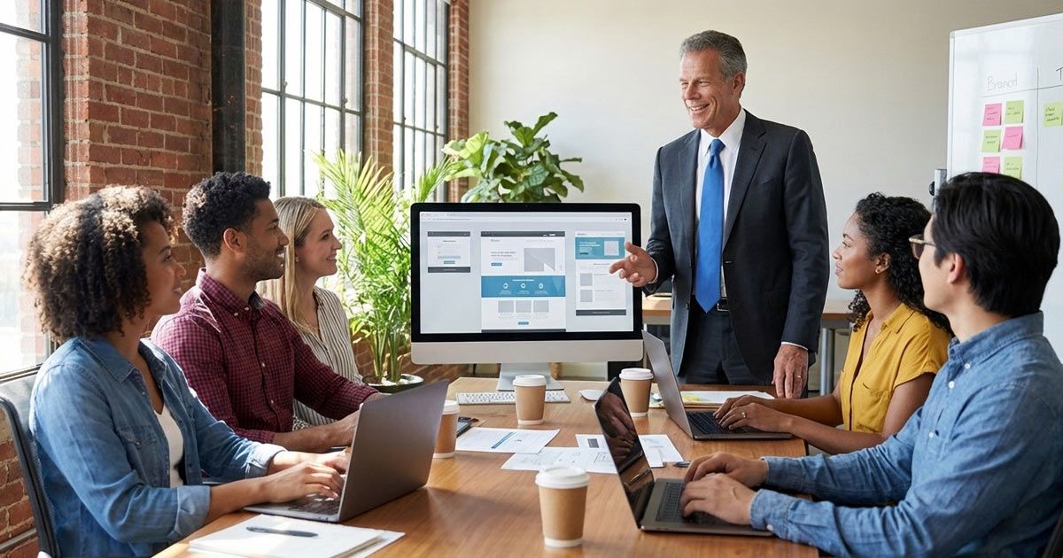 Solution Web Designs team meeting in a modern office. A man in a suit leads a presentation with colleagues around a table.