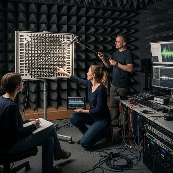 Acoustical Engineers in an anechoic chamber testing a sound array; one points, another takes notes, and one holds a microphone.