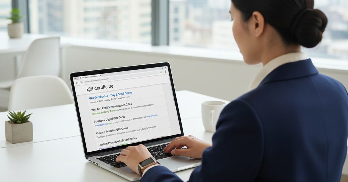 Woman in blue blazer types on laptop, browser showing search results, by Pay-Per-Click Agency Solution Web Designs