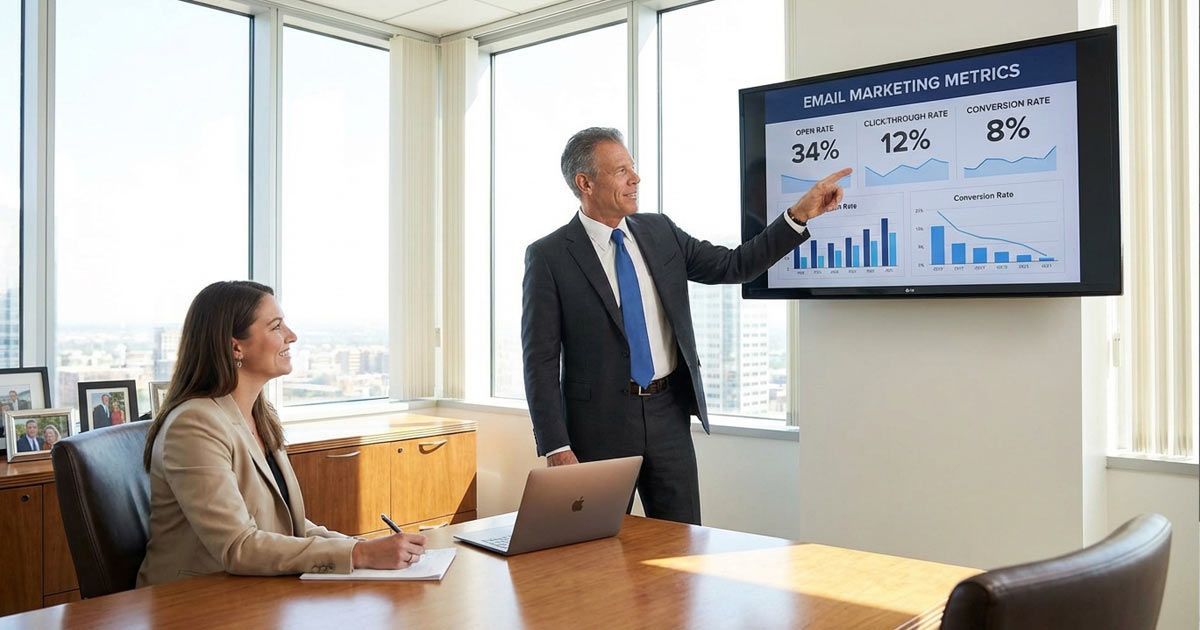 Client reviewing her company's outstanding performance at Email Marketing Agency Solution Web Designs