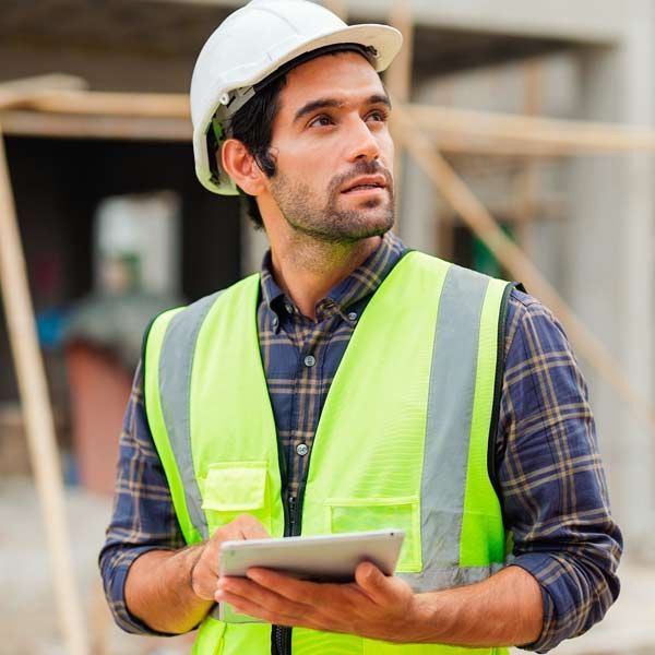 Civil Engineer wearing a hard hat and safety vest, holding a tablet, looking upward at a construction site.