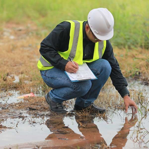 An environmental engineer in a safety vest and a hard hat, examining water, taking notes.