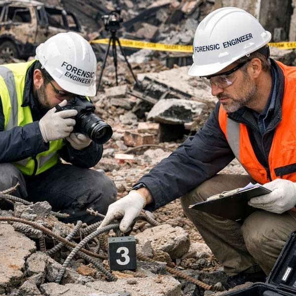 Forensic engineers examining debris at a disaster site. One photographs evidence while the other points.
