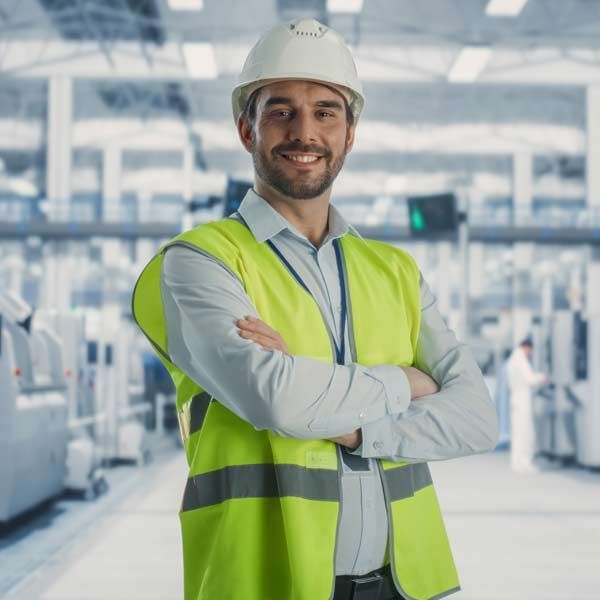 Smiling Industrial Engineer in a hard hat and safety vest, arms crossed in a factory.