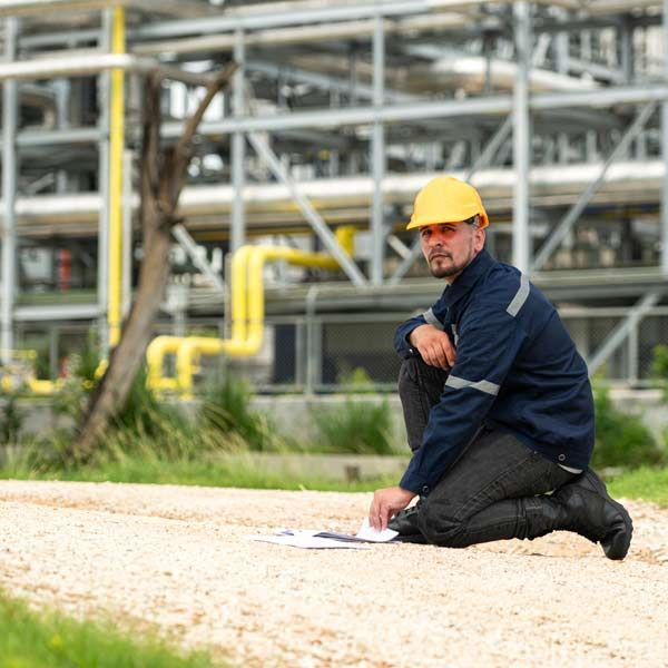 Petroleum Engineer kneeling, reviewing blueprints at an industrial site; yellow hard hat, blue jacket.
