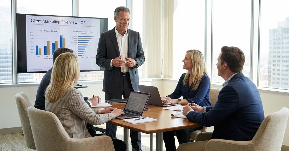 Business meeting in the office; a man is presenting Marketing Performance Reports, and others are listening around a table.