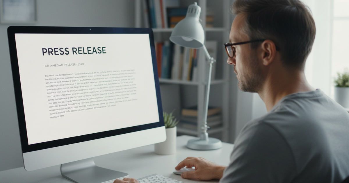 A man wearing glasses works on Press Release Services for Small and Mid‑Sized Businesses at Solution Web Designs on a desktop computer. Desk with lamp and books.