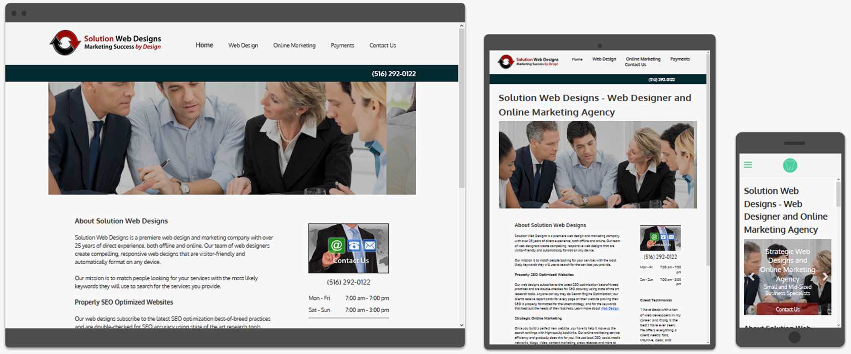 Website displaying on desktop, tablet, and mobile devices, with articles about business and teamwork.