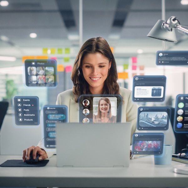 Social Media Marketer at desk, laptop open, smiling. Holographic windows with apps floating around her. Office background.