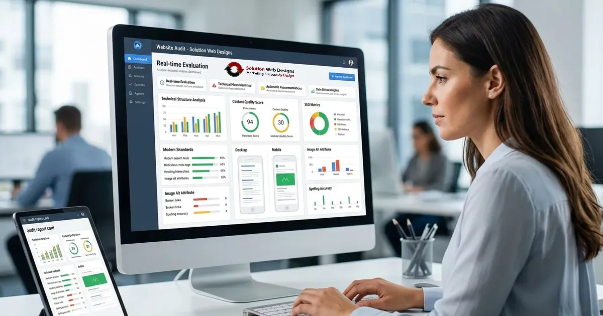A woman working on the Web Page Report Card by Solution Web Designs at a desktop with an analytics dashboard on a large monitor and a smartphone in a modern office.