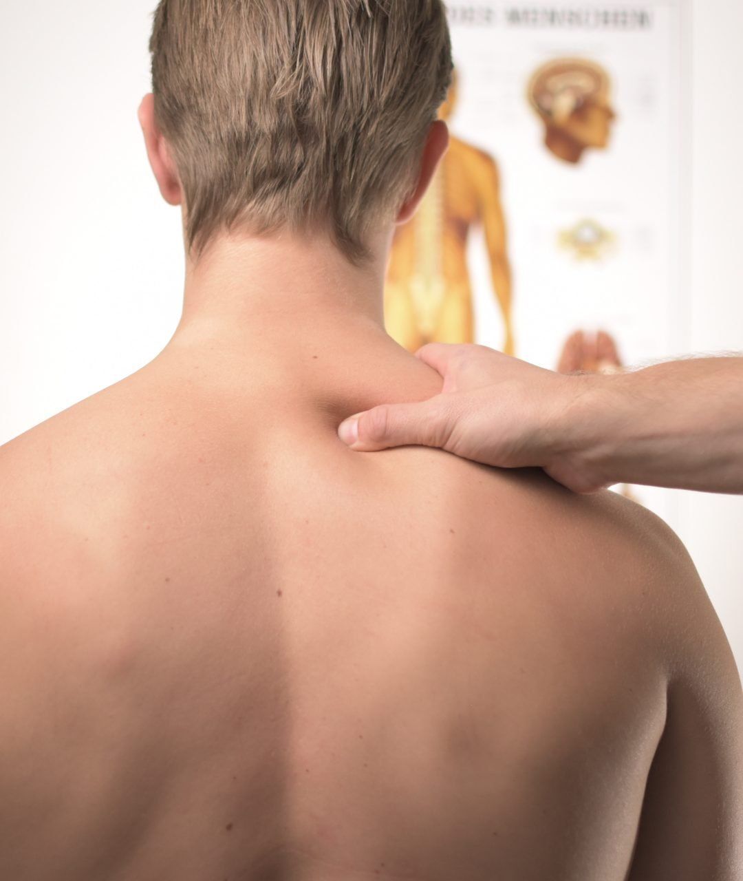 Person’s bare back being examined by a hand in a medical office, with an anatomy chart in the background