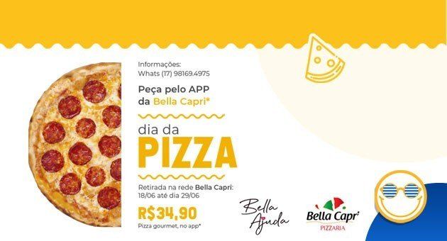 Uma pizza com calabresa está em um anúncio amarelo e azul