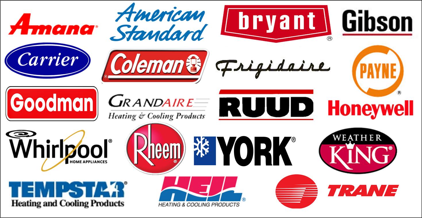 Logos of HVAC brands including Amana, Carrier, Rheem, and Trane.