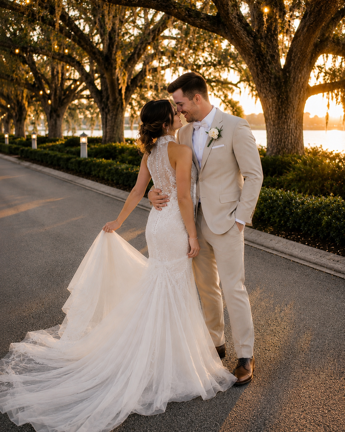 Bride and groom embracing in a bright white room with dramatic sunlight shadows