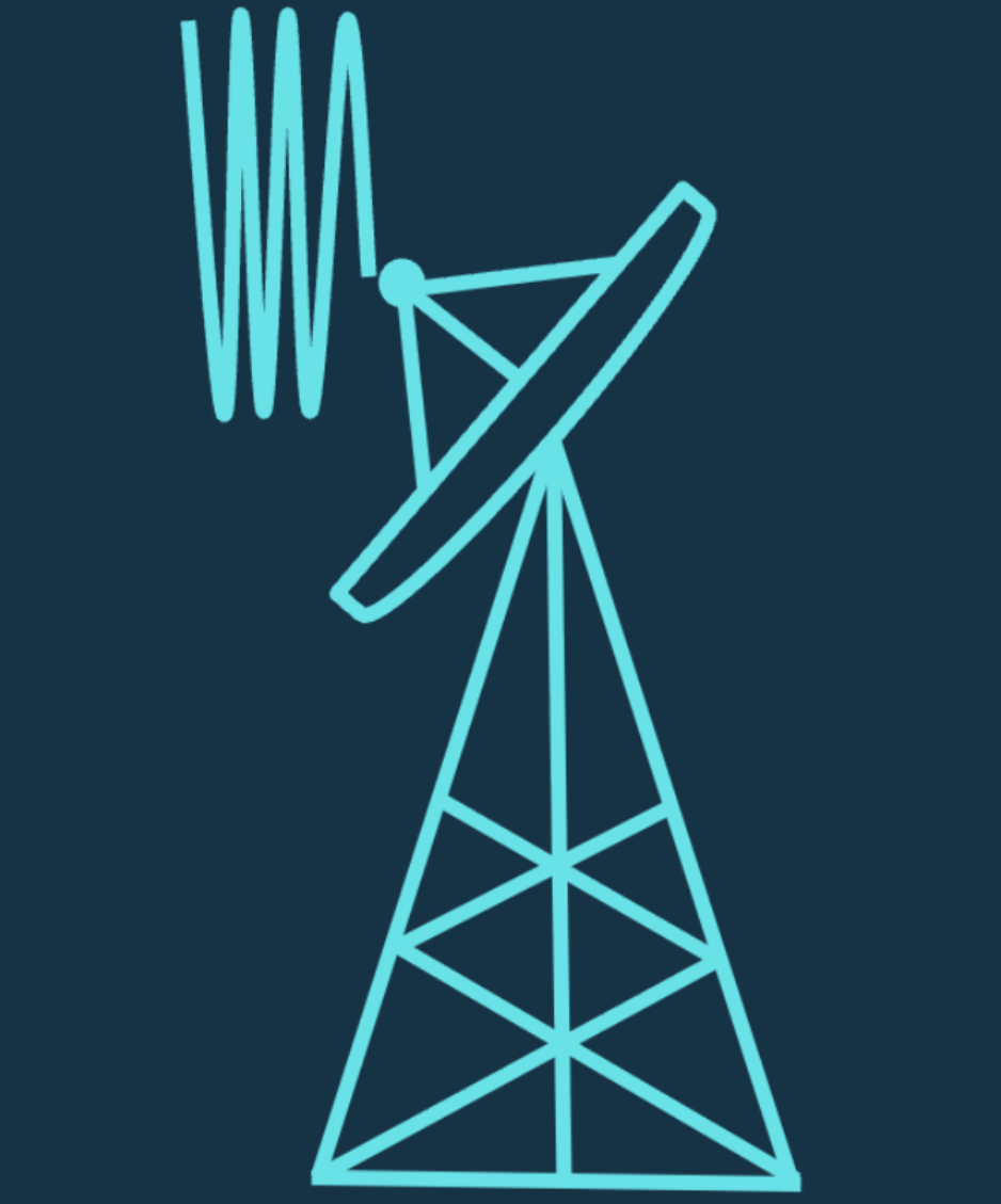 Icon of a satellite antenna with wave signals emitting from dish.