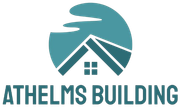 Teal and white Athelms Building logo with a house roof and window icon