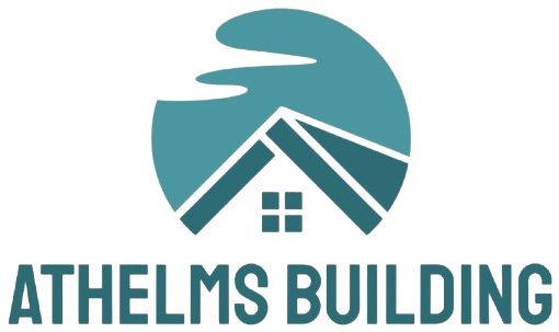 Teal and white Athelms Building logo with a house roof and window icon