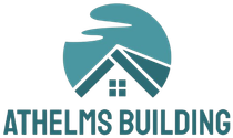 Teal and white Athelms Building logo with a house roof and window icon