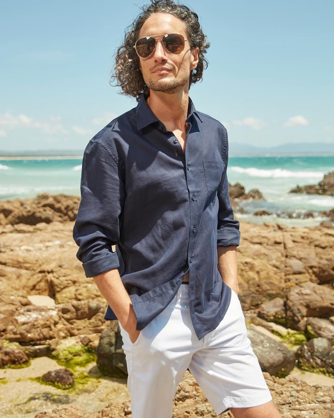 A Man Wearing Sunglasses and a Blue Shirt is Standing on a Rocky Beach — Bonanno's Menswear in Heathcote, Nsw