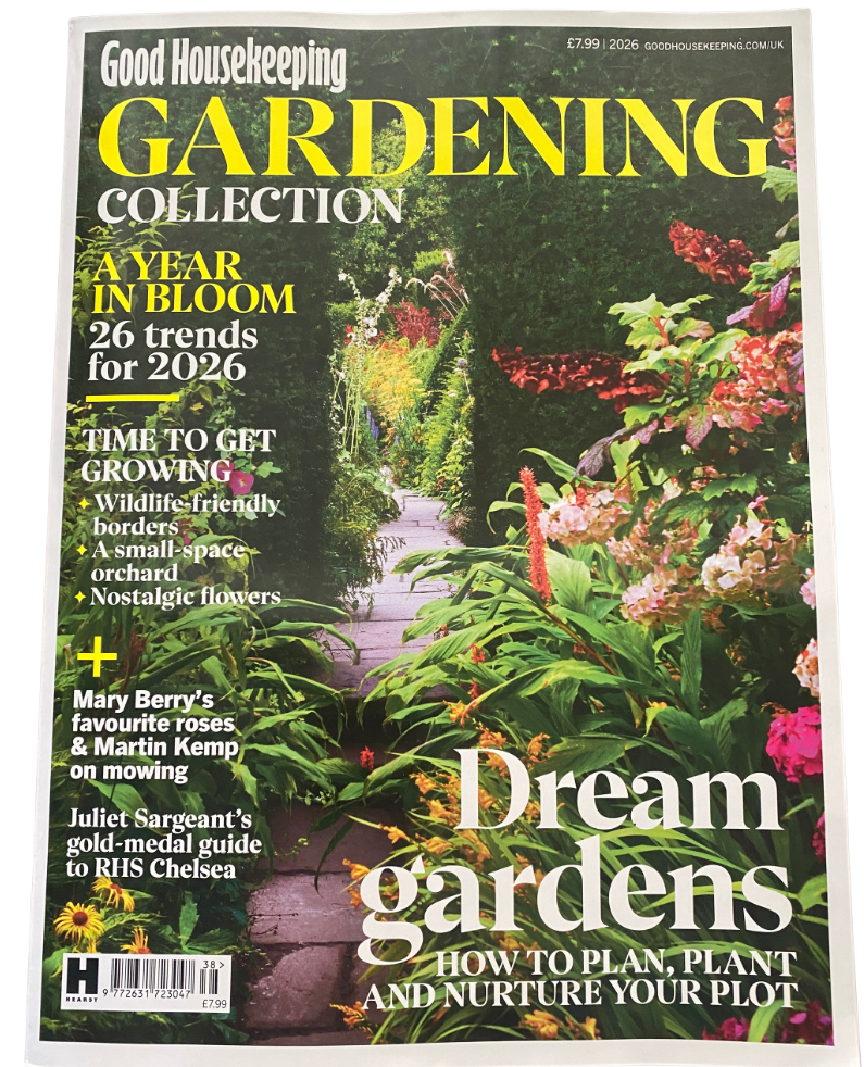 Newspaper article featuring a photo of a woman in a sun hat sitting in a garden, with text about fashion and gardening.