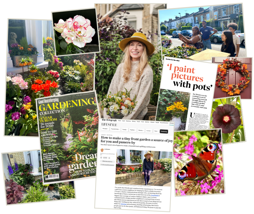A collage showcasing a gardener, potted plant arrangements, flowers, a butterfly, and magazine clippings about gardening.