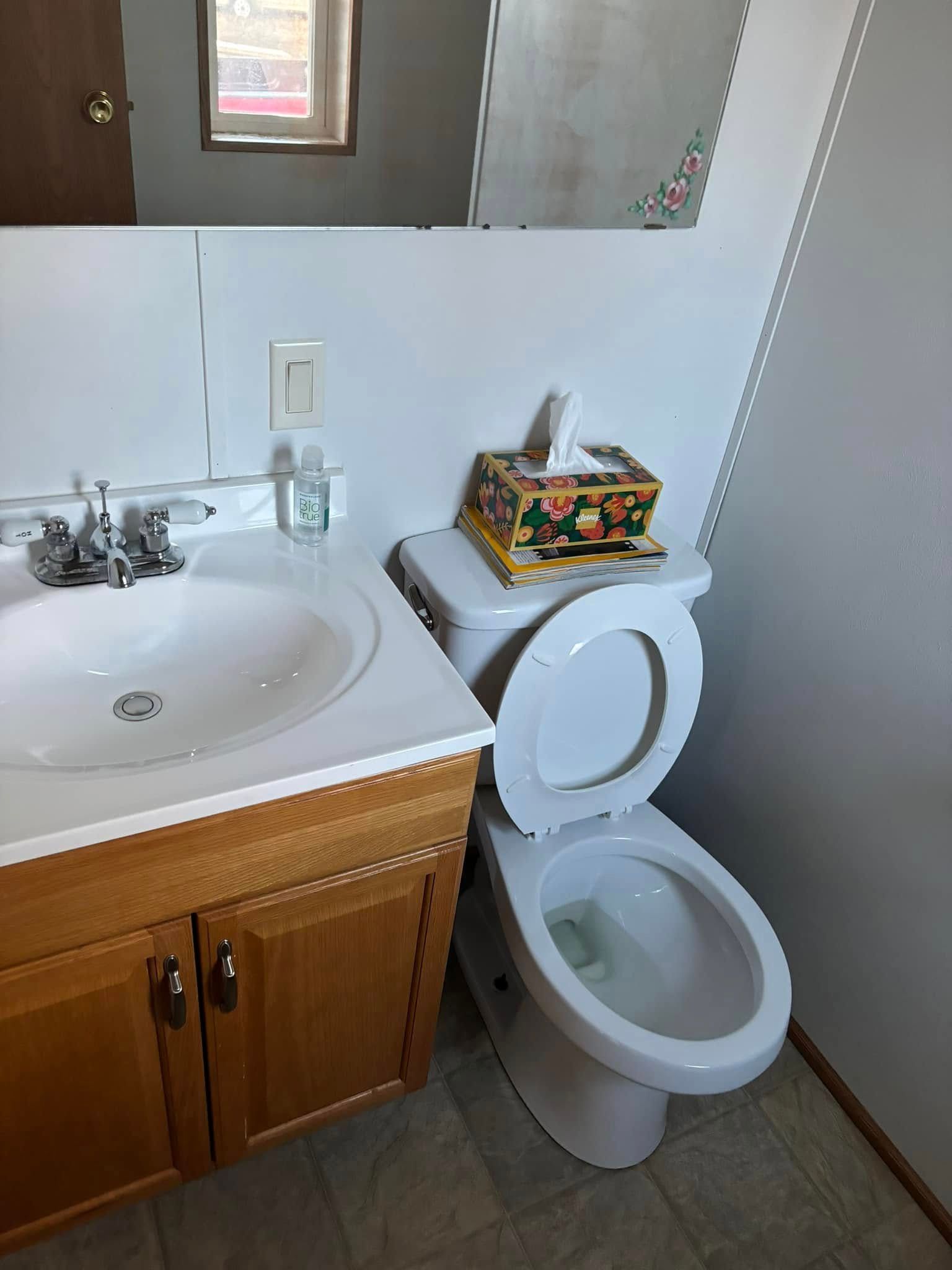 A white bathroom sink with wooden cabinets sits next to a white toilet with a floral tissue box on its tank.