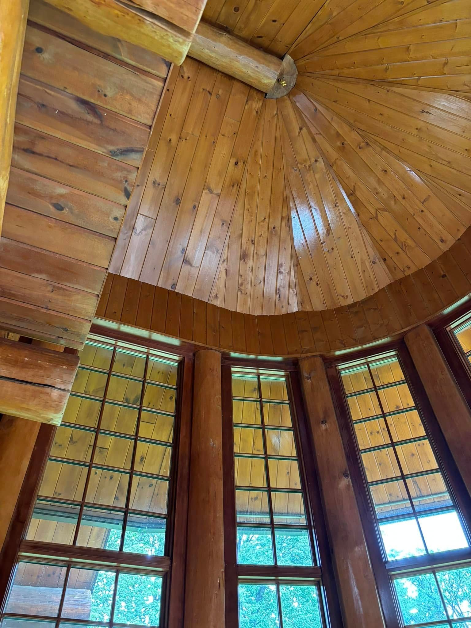 Low-angle shot of a rounded wooden gazebo ceiling and large windows with wooden frames and grid patterns.