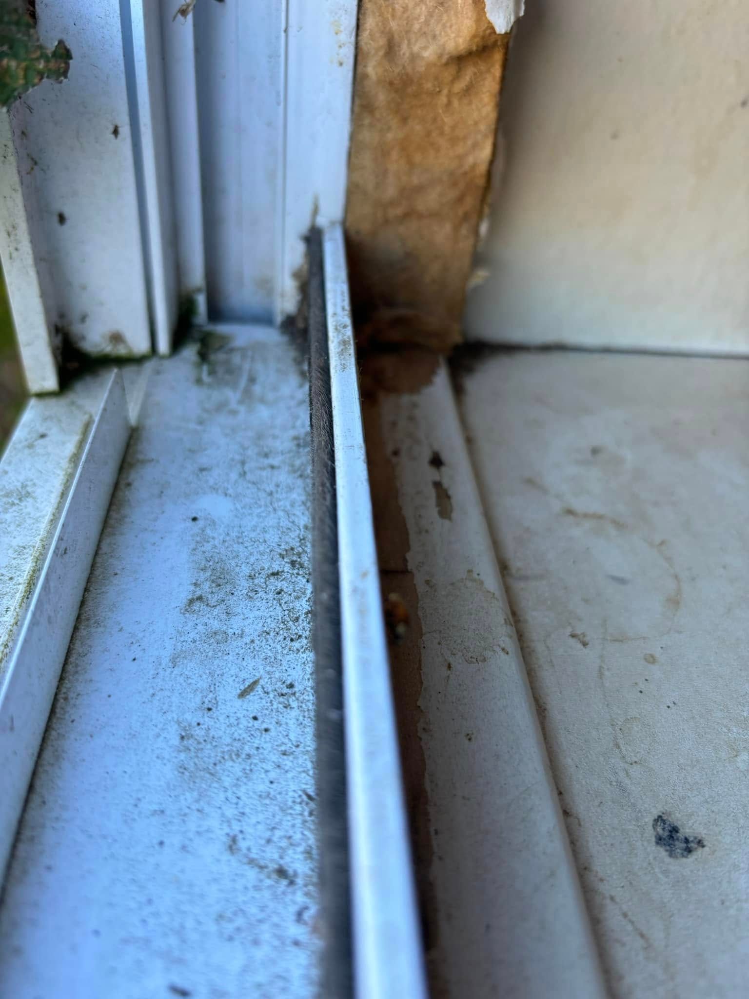 A close-up of a dirty white window sill with exposed insulation material visible in the frame corner.