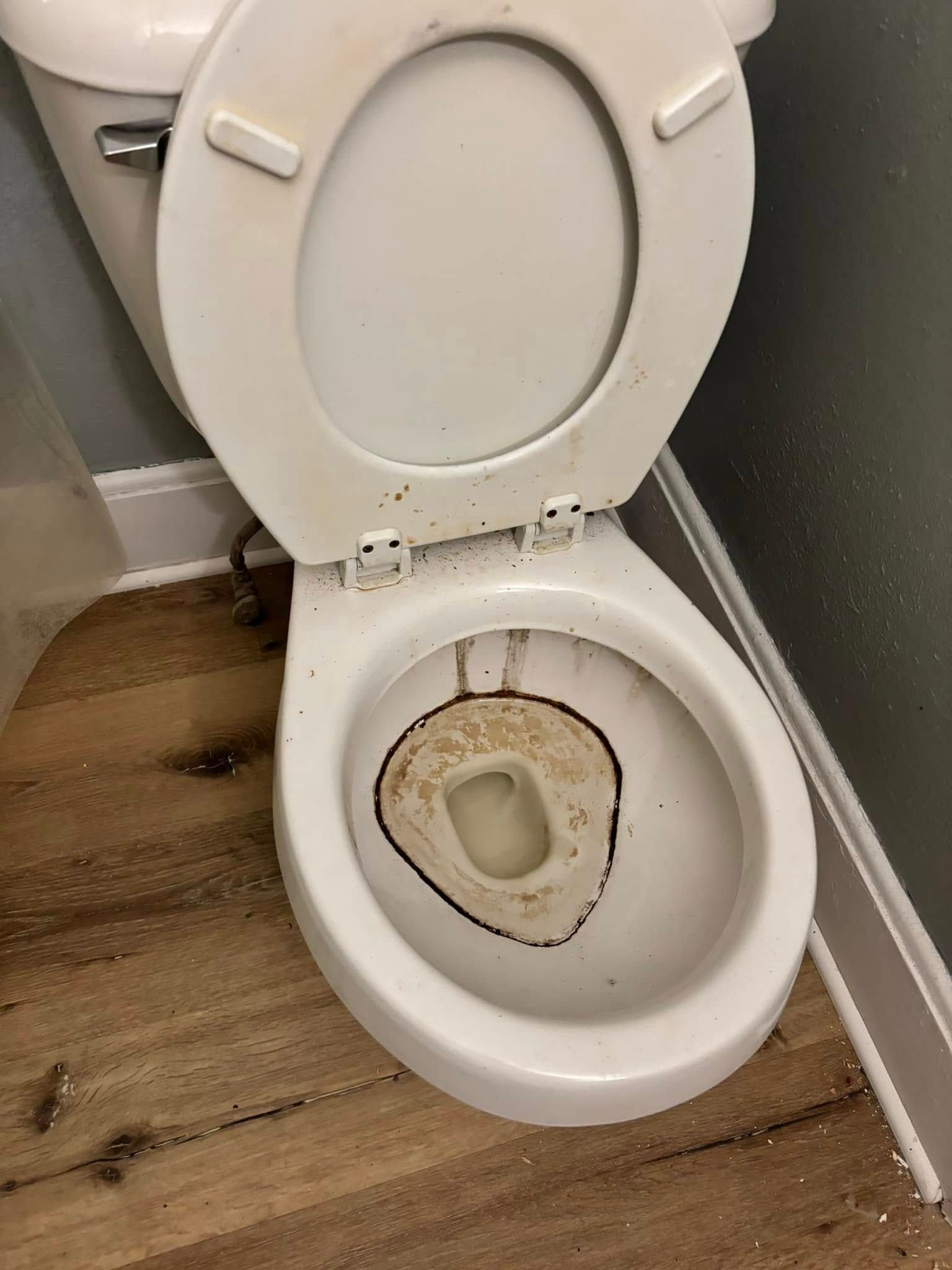 A white porcelain toilet in a bathroom with stained, dark brown mineral deposits in the bowl.