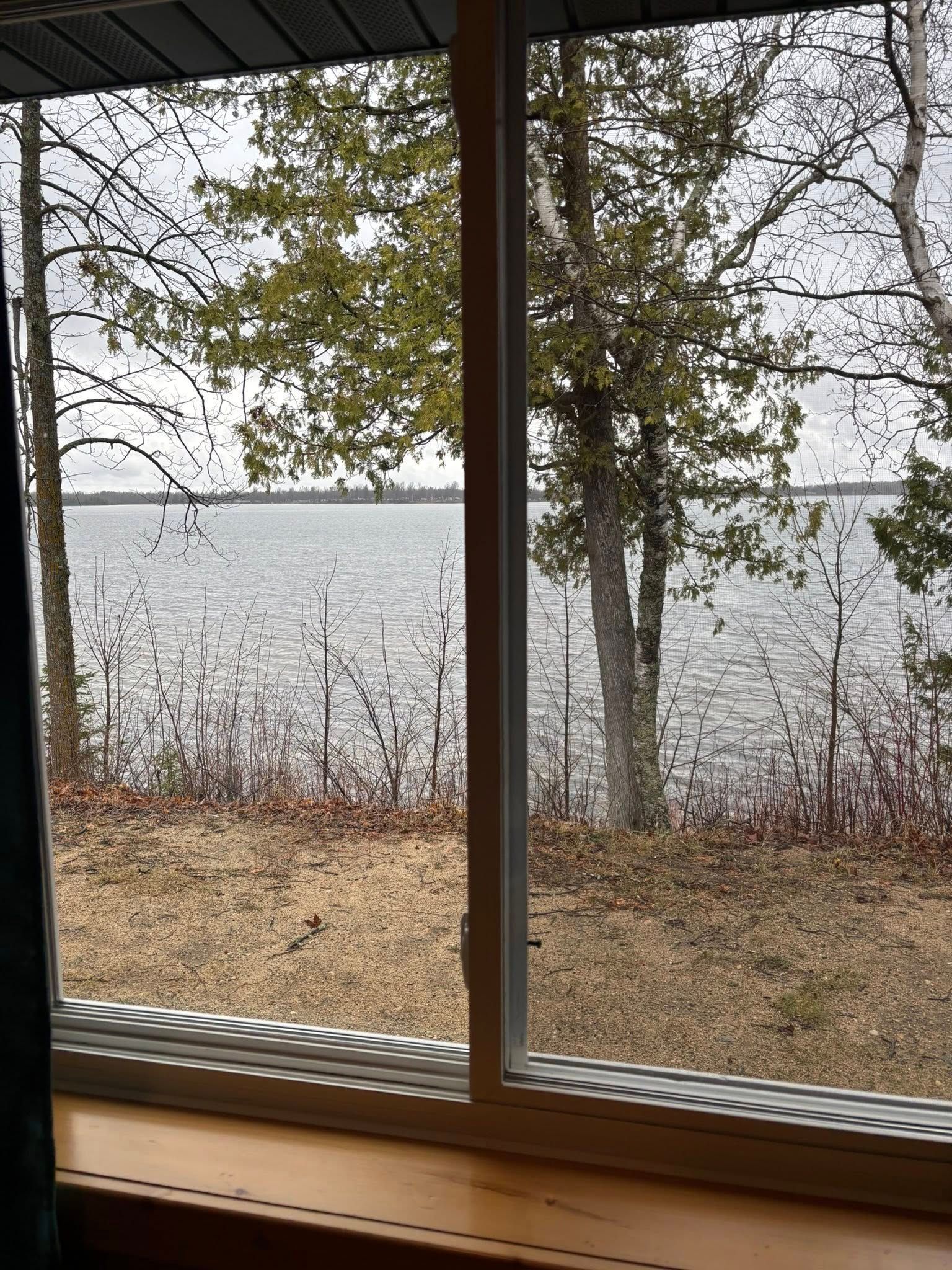 A view through a window overlooking a lake, trees, and dry grass on an overcast day.