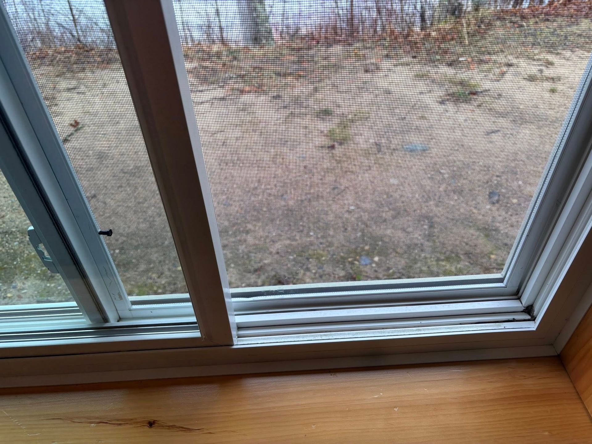 A close-up view of a white sliding glass door track and screen, showing the view of an outdoor yard through the mesh.