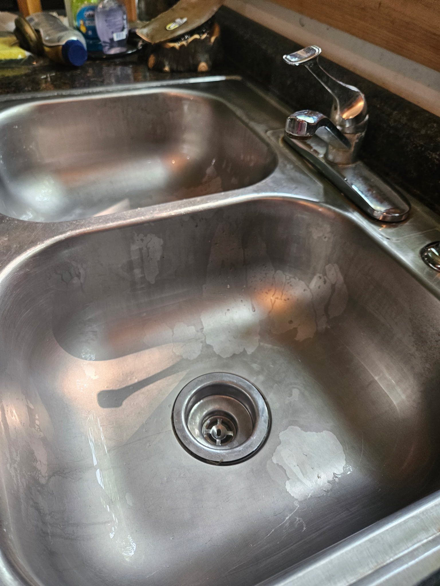 A double-basin stainless steel kitchen sink with a chrome faucet.